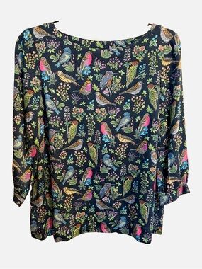 J.Jill XS Petite Bird Floral Print Blouse 100% Viscose Navy Botanical Fall